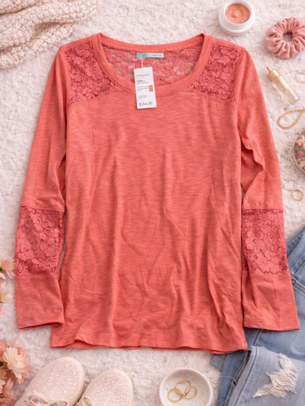 Maurices Coral Lace Yoke Long Sleeve Top Size Large Soft Feminine